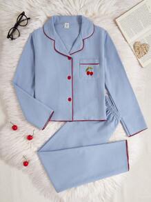 Tween Girl Pajamas - Comfortable Loose Strawberry Embroidered Long Sleeve Top And Pants Set, Coral Pink - Blue - View 1