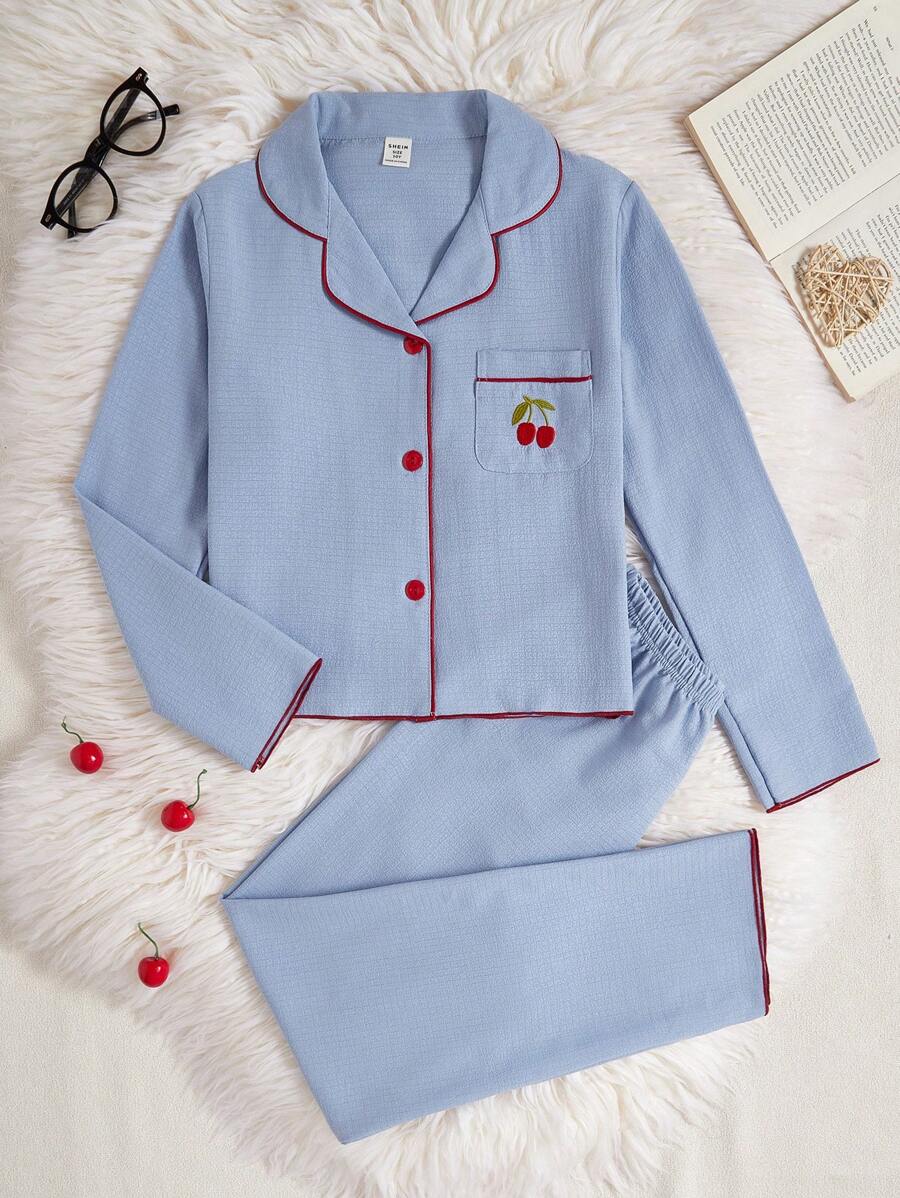 Tween Girl Pajamas - Comfortable Loose Strawberry Embroidered Long Sleeve Top And Pants Set, Coral Pink - Blue - View 1