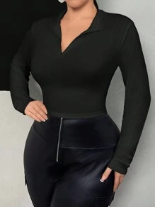 SHEIN SXY Plus Size Spring And Summer Half-Zip Crop Black Long-Sleeved T-Shirt - Black - View 5