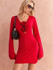 Poéselle 女式花卉贴花 V 领长袖毛衣裙、长袖连衣裙、2024 秋冬、冬装、蓬松、性感红色连衣裙、圣诞节、节日服装、秋季毛衣裙、厚针织衫 2024 秋冬 - 紅色 - 查看 4