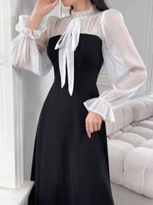 SHEIN Teen Girl Elegant Elegant Front Tie Bow Plaid Ruched Dress - Black and White - View 5