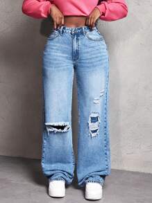 SHEIN Slayr Quần jeans ống rộng cạp cao rách đơn giản cho nữ, phù hợp với mọi mùa - Rửa trung bình - Xem 5