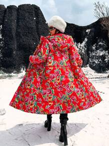 Flirla Áo khoác dài có mũ trùm đầu in họa tiết hoa thời trang dành cho kỳ nghỉ cỡ lớn, dùng cho quần áo năm mới, quần áo mùa đông - Đỏ - Xem 2