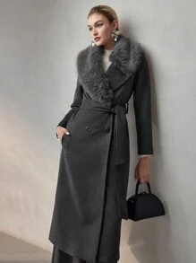 MOTF PREMIUM WOOL CONTRAST FLUFFY WATERFALL COLLAR SLANT POCKET BELTED PEA OVERCOAT - Grey - View 4