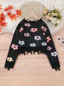 这款适合青少年女孩的超大款短款针织衫，饰有彩虹花卉印花，领口、袖口和下摆处采用做旧设计，宽松舒适，是音乐节的理想之选。适合秋冬季日常休闲穿着、派对、外出、购物和上学等场合。 - 黑色 - 查看 2