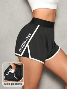 SHEIN Sports Contrast Trim Letter Print Sports Shorts Sweater Shorts - Black - View 1