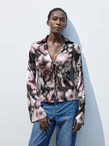 SHEIN Maija Áo cánh tay dài in hoa thanh lịch giản dị cho nữ, mùa thu, buộc trước, tay chuông - Nhiều màu - Xem 1