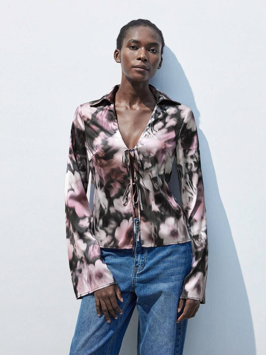 SHEIN Maija Áo cánh tay dài in hoa thanh lịch giản dị cho nữ, mùa thu, buộc trước, tay chuông - Nhiều màu - Xem 1