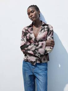 SHEIN Maija Áo cánh tay dài in hoa thanh lịch giản dị cho nữ, mùa thu, buộc trước, tay chuông - Nhiều màu - Xem 3