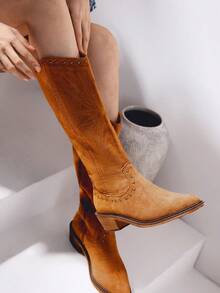 Styleloop Women's Western Style Retro Knee-High Boots - Brown - View 9