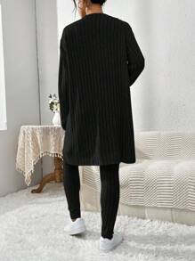 SHEIN Essnce 大码女装秋冬新款时尚休闲商务休闲女装通勤镂空服装感恩节女装套装冬季女装冬季女套装罗纹拉绒面料针织面料黑色长款开衫+吊带背心+打底裤三件套女秋季套装服装套装冬季女装套装女秋季套装 - 黑色 - 查看 2