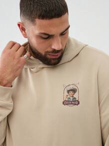 Manfinity NXTstreet Plus Size Men's Loose Small Boy Letter Casual Hoodie Going Out Graphic Long Sleeve Casual Khaki Hoodie, For Friends, Husband, Boyfriend Gifts