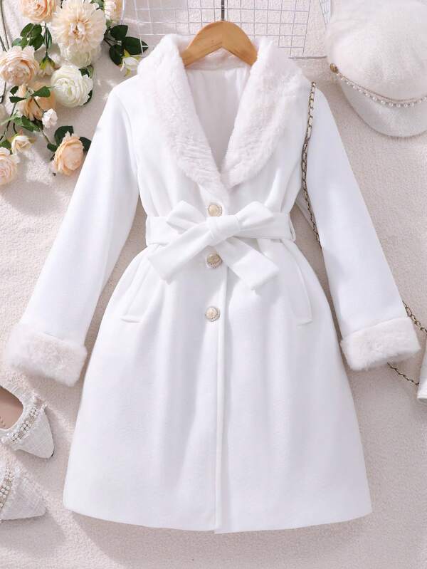 Tween Girl Plush Splicing Stand Collar Long Sleeve Casual Outdoor Overcoat, Autumn/Winter