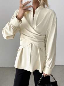 Chiquease 休闲纯色交叉系腰衬衫，秋季 - 杏色 - 查看 3