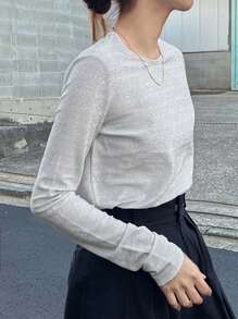 FRIFUL Women Crew Neck Long Sleeve Fitted Shiny Casual T-Shirt - White - View 5