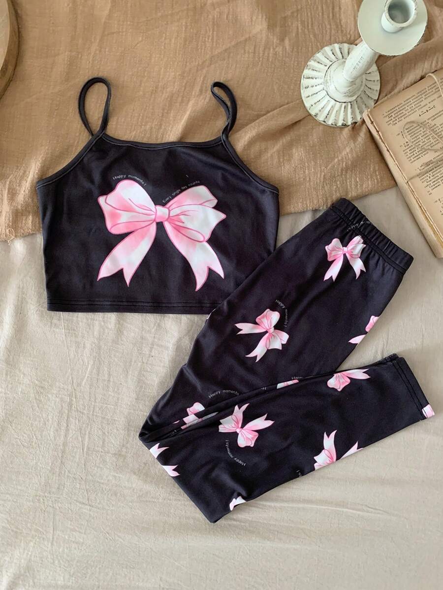 SHEIN 2 件装 Tween 女童蝴蝶结装饰吊带背心和裤子休闲舒适睡衣套装