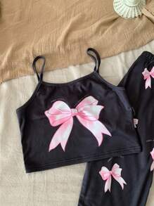 SHEIN 2 件装 Tween 女童蝴蝶结装饰吊带背心和裤子休闲舒适睡衣套装