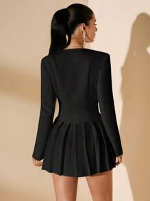 SHEIN BAE 女士优雅深 V 领单排扣长袖褶皱连衣裙 - 黑色 - 查看 2