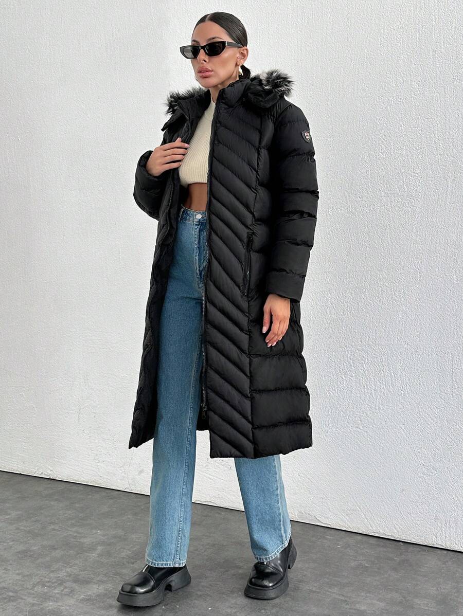 EURMUSE Fur And Zipper Added Padded Long Padded Winter Coat - Black - View 1