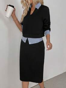 SHEIN Clasi Conjunto de 2 piezas de top de manga larga con estampado y rayas aleatorias en el cuello y falda, elegante - Negro - Ver 3