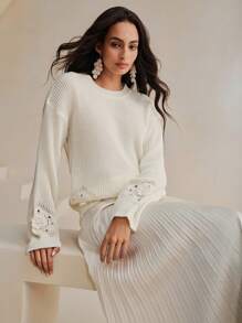 Anewsta Women Crochet Lace Drop Shoulder Loose Solid Color Sweater