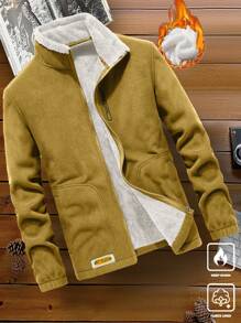 Manfinity Homme 1pc Men Loose Fit Letter Patched Teddy Lined Fleece Jacket - Mustard Yellow - View 1