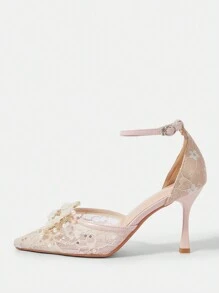 CUCCOO HITCHD Women's Pointed Toe Floral Lace Stiletto Heels Spring Shoes Spring Break Easter Prom Heels - Pink - View 5