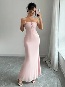 Rafferiza 性感优雅露肩蝴蝶结修身紧身粉色透明鱼尾连衣裙，秋季 - 粉色 - 查看 7