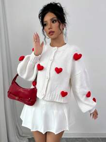 Chiquease 女士 2024 圆领泡泡袖心形开衫 - 米色 - 查看 5