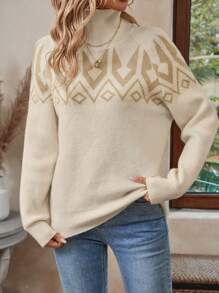 EMERY ROSE Women's Casual Geometric Pattern Turtleneck Raglan Sleeve Sweater For Autumn Fall & Winter - Brown - View 6