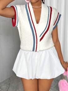 VaVaBold New Casual Loose Sporty Knitted Sweater Vest For Women, Asymmetrical Crossover Neckline, Color Blocking, Fluffy Texture