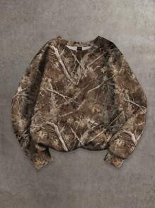 SHEIN EZwear Casual Camouflage Dead Branch Leaves Jungle Pattern Streetwear Round Neck Sweatshirt, Suitable For Autumn And Winter,Long Sleeve Tops Graduation,Back To School Outfits,Graduation,Teacher Outfits For Women,Back To School Back To School Fall And Winter Clothing