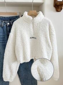 SHEIN Leap Crew Teen Girls White Stand Collar Zipper Thermal Lined Warm Pullover Sweatshirt,In Fall/Winter - White - View 1