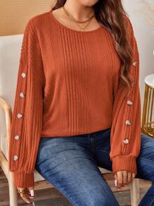 SHEIN LUNE Camiseta casual de manga larga, cuello redondo, suelta y acanalada con decoración de botones para mujer de talla grande, conjunto ideal para el Día de Acción de Gracias y días festivos