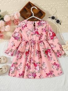 SHEIN Váy dài tay cổ bèo xếp nếp in hoa mùa thu đông cho bé gái - Hồng - Xem 2