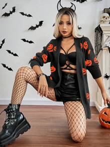 Chiquease 骷髅南瓜图案休闲前开长袖开衫，适合万圣节派对 - 黑色 - 查看 6