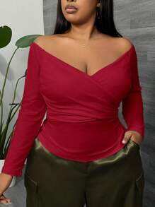 SHEIN SXY Plus Size Women Off Shoulder Crisscross Ruched Tee - Burgundy - View 1