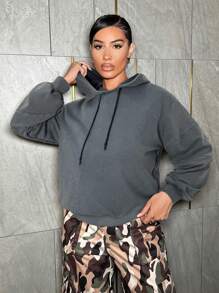 SHEIN SXY Drop Shoulder Drawstring Hoodie Party Sexy Birthday Valentine Day Bachelorette Party Spring - Grey - View 4