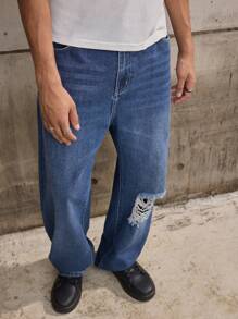 Forever 21 男式超宽腿宽松牛仔裤（重度水洗蓝）秋冬款 - 中等水洗藍 - 查看 6