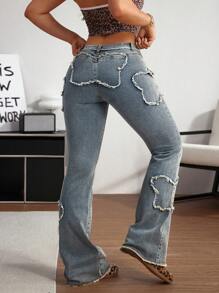 SHEIN Tall Versatile Butterfly Pattern Frayed Hem Flare Jeans, Suitable For All Seasons - Blue - View 2