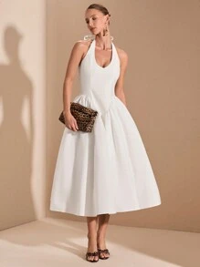 SHEIN BAE Robe blanche pure à col en V profond avec cravate à la taille et manches bouffantes pour occasions formelles, remise de diplômes, soirée cocktail, rendez-vous romantique, superposition d'hiver, fête, boîte de nuit, robe de demoiselle d'honneur, tenue de soirée, Halloween, Noël