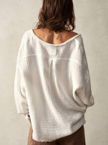 Bohemela Casual Loose V-Neck Drop Shoulder Long Sleeve Woven Blouse For Women - White - View 7