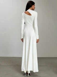 Aloruh 女式 A 字形超长金属装饰褶饰优雅连衣裙 - 白色 - 查看 4