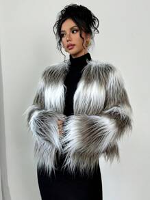 SHEIN Privé Women Two-Tone Long Sleeve Short Fluffy Coat - Multicolor - View 6