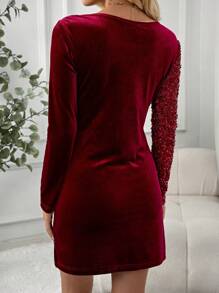 EMERY ROSE Vestido corto de manga larga, elegante y casual, con parches de lentejuelas, para otoño