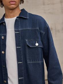 Forever 21 男士街头休闲风格短款深色洗水宽松牛仔夹克适合秋冬季穿着 - 深色水洗藍 - 查看 6