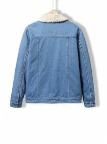 Teen Boys' Thicken Padded Casual All-Match Denim Jacket Coat, Autumn And Winter - Medium Wash - View 2