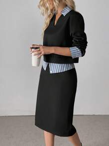 SHEIN Clasi Conjunto de 2 piezas de top de manga larga con estampado y rayas aleatorias en el cuello y falda, elegante - Negro - Ver 6