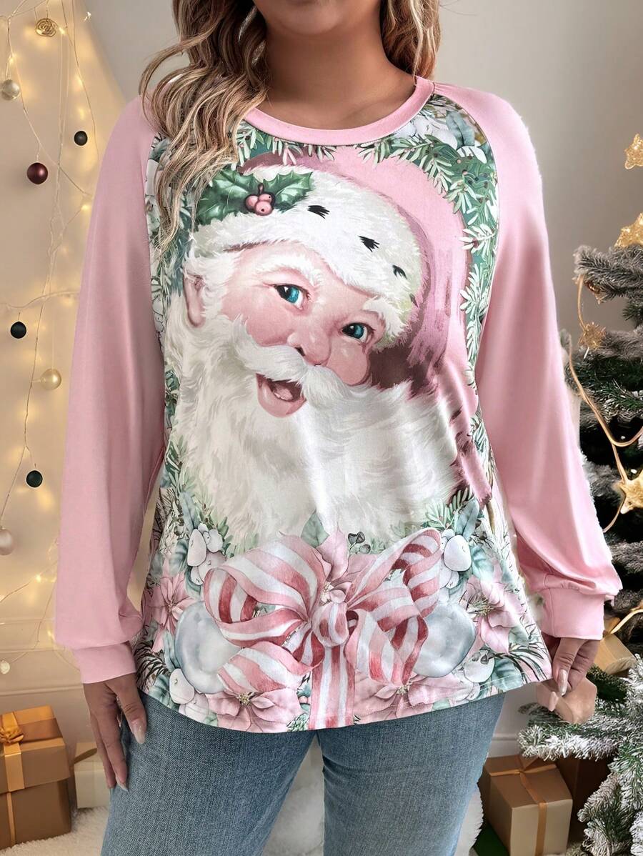SHEIN LUNE Plus Size Graphic Print Crew Neck Long Sleeve T-Shirt - Pink - View 1