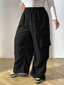 SHEIN CURVE+ Pantalones cargo de talla grande de unicolor casual con cordón en la cintura